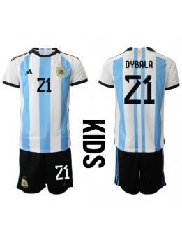 Otroški Nogometna dresi replika Argentina Paulo Dybala #21 Domači SP 2022 Kratek rokav (+ hlače)